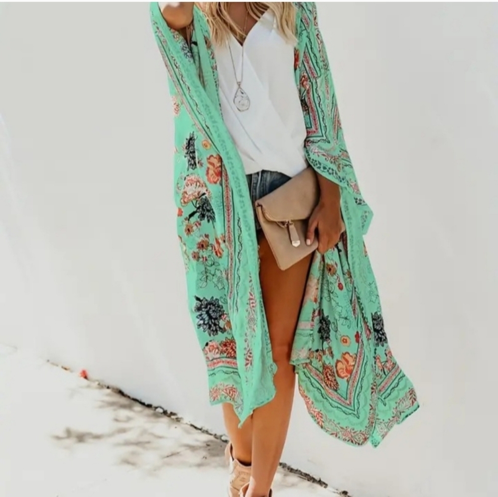 Floral Emerald Kimono - Picture 2 of 3